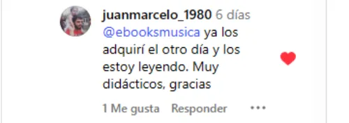 Captura del mensaje de juanmarcelo_1980 (Instagram): Ya los adquirí el otro día y los estoy leyendo. Muy didácticos, gracias.